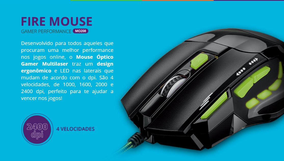 Mouse Gamer 2400DPI com QuickFire Verde Multilaser - MO208